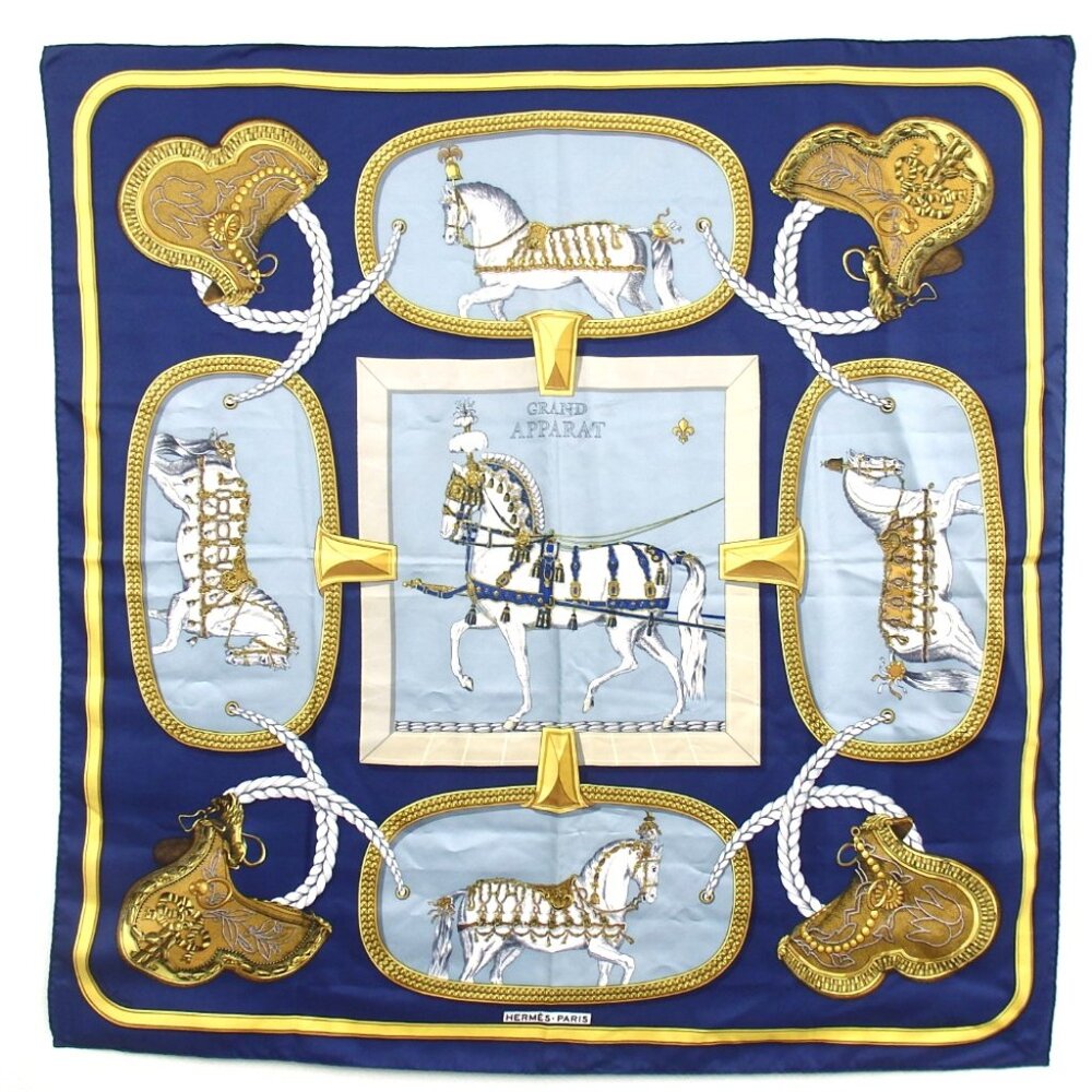 Hermes Blue and Gold Equestrian Scarf